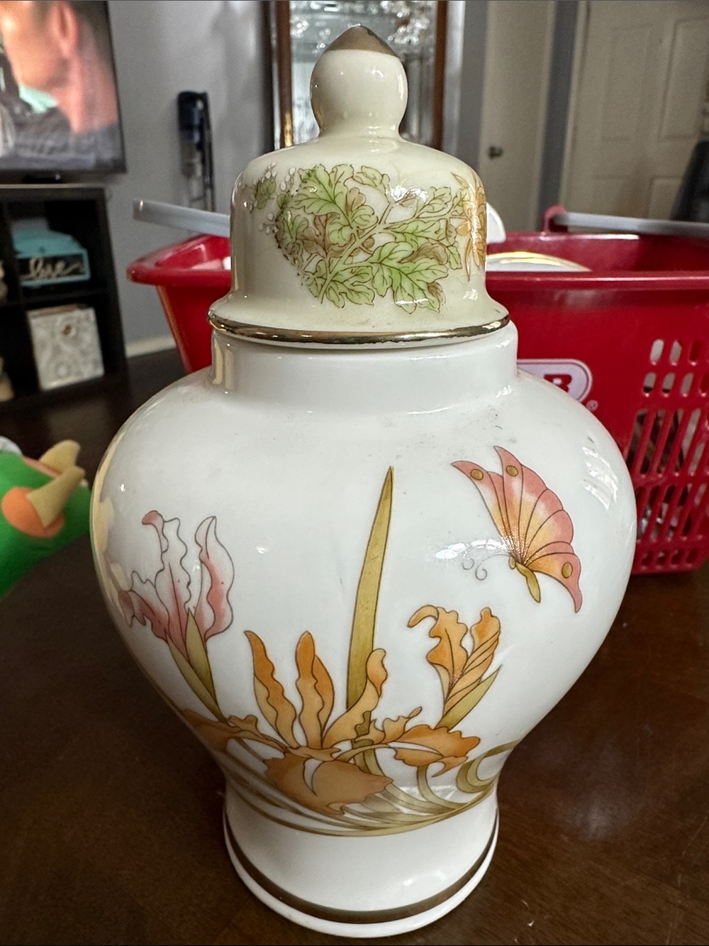 Floral Porcelain Ginger Jar with Butterfly Accent - White, Gold, Peach